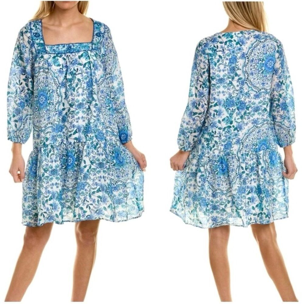 NEW Johnny Was Leilani Mini Dress Linen Blue Floral Embroidered Neck  XS or S
